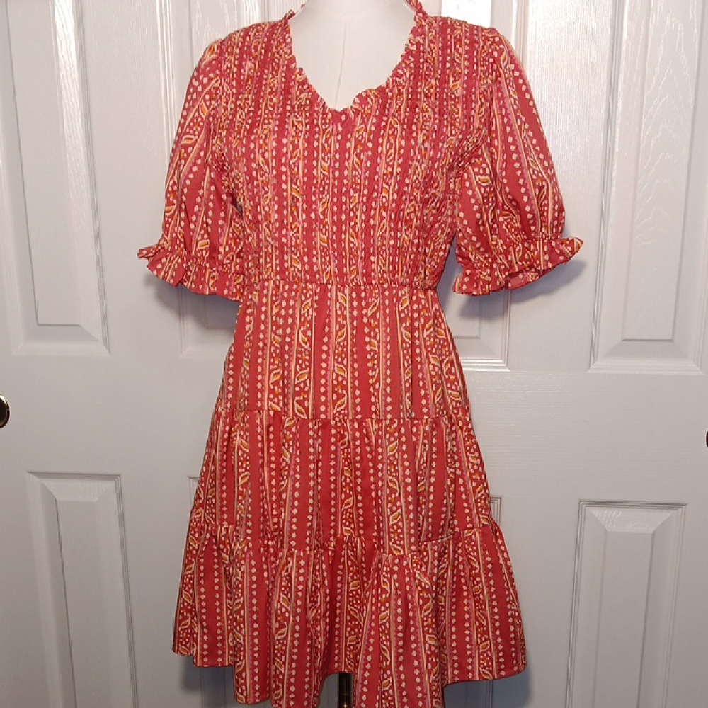 JODIFL Tiered Vibrant Coral Stripped Patterned Midi Dress With Puff Sleeves
